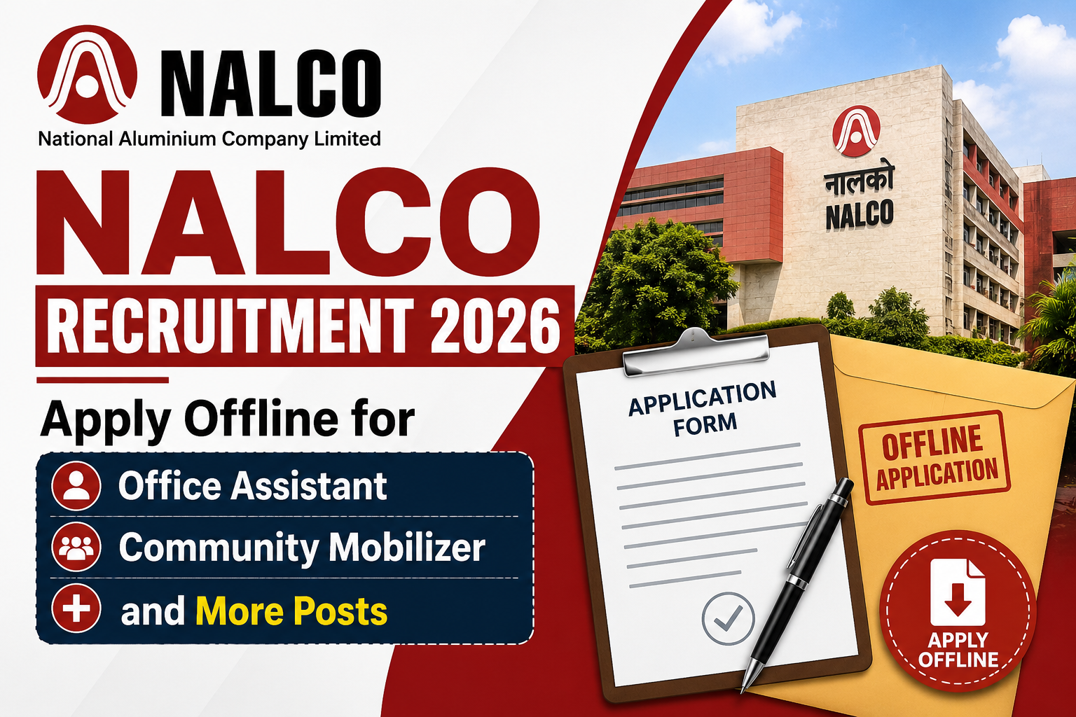 NALCO Recruitment 2026: Apply Offline for Office Assistant, Community Mobilizer and More Posts