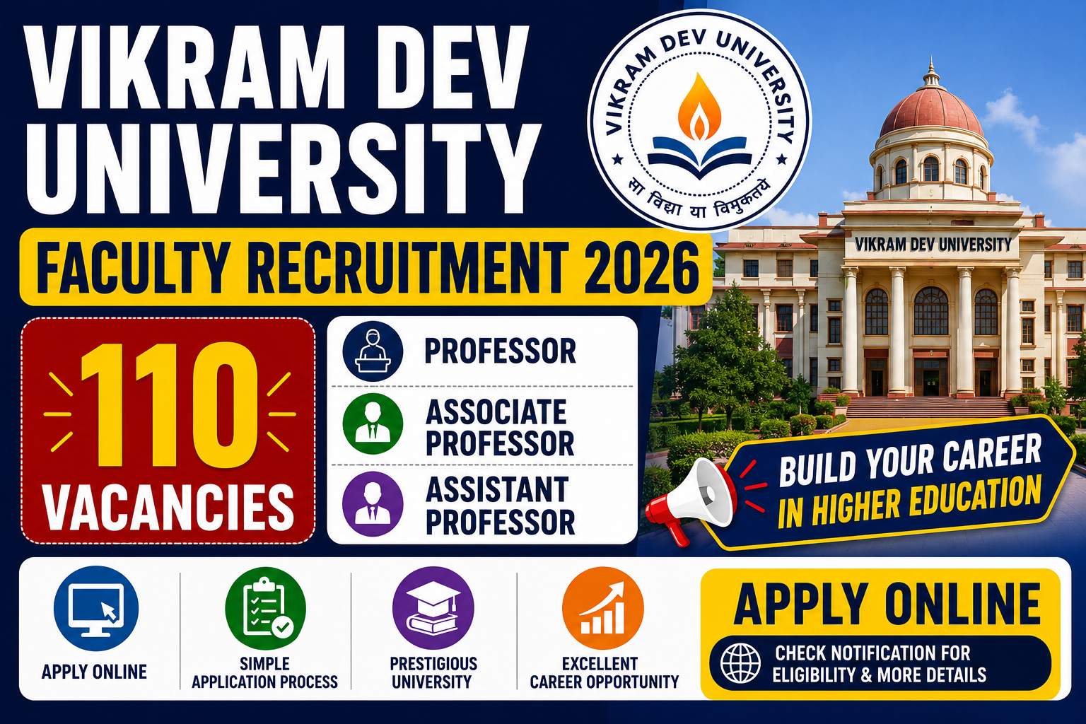 Vikram Dev University Faculty Recruitment 2026: Apply Online for 110 Professor, Associate Professor, and Assistant Professor Posts